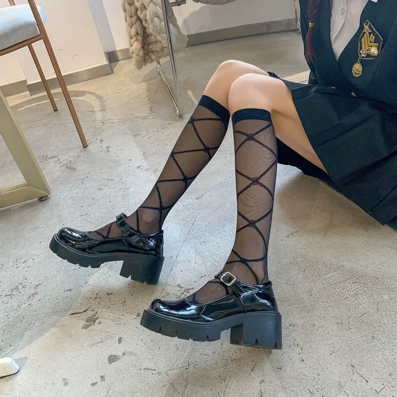 

Japanese Style Women Sexy Rhombus Cross Stockings Summer Thin Nylon Long Socks College Style JK Lolita Girls Lower Knee Socks