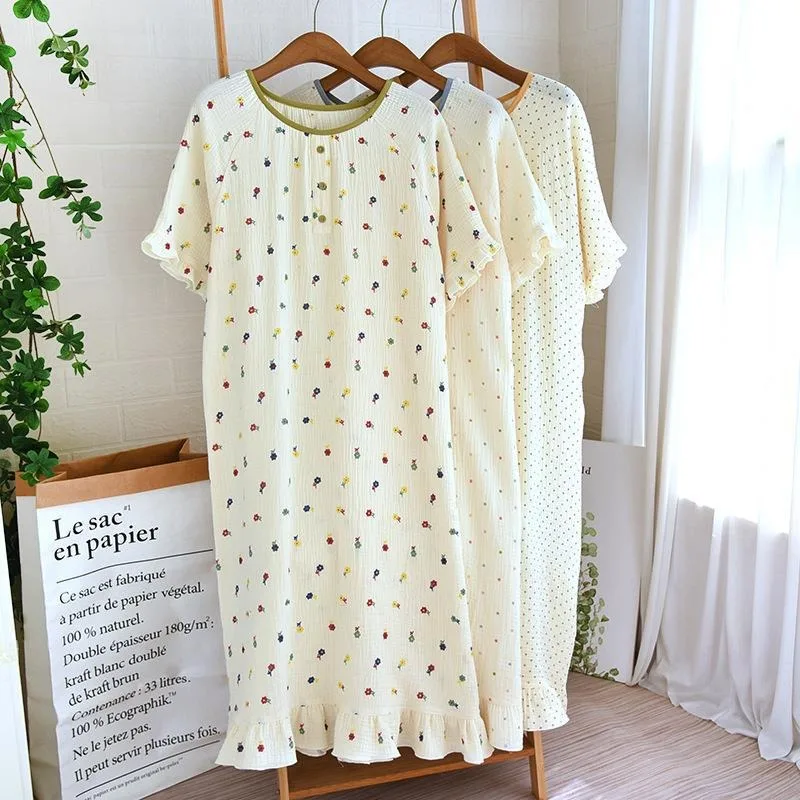 

Summer Korean Style Loose Nightdress Women Round Neck Floral Printed Nightgown Thin Bathrobe Pajamas Nightwear Sweet Robe Female