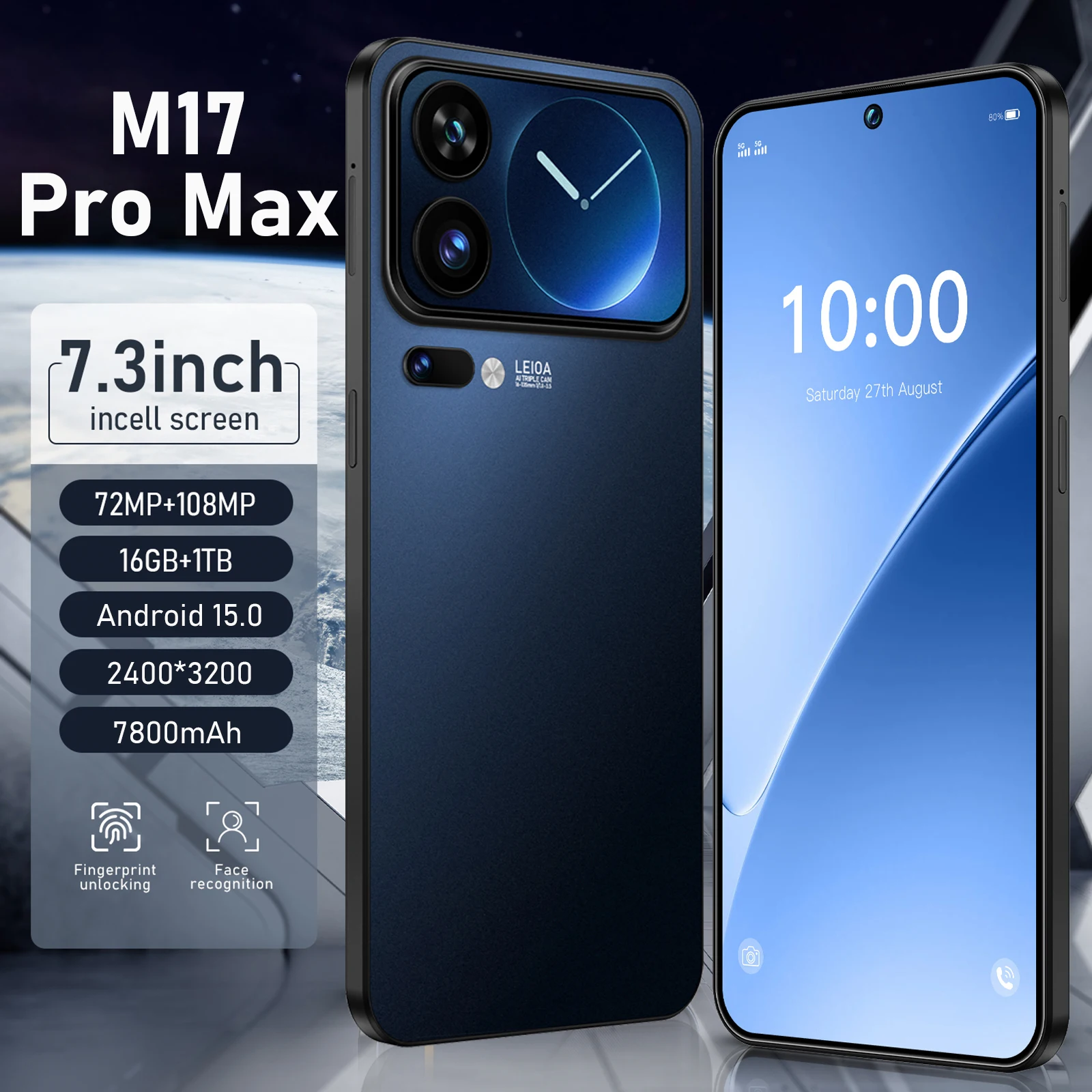 Фото Новый горячий хит 2026 года: M17 Pro Max, оригинальный, интеллектуальный, 4G/5G, Snapdragon 8 Gen4, аккумулятор 8000 мАч, две SIM-карты, двойной режим ожидания, глобальная версия №1