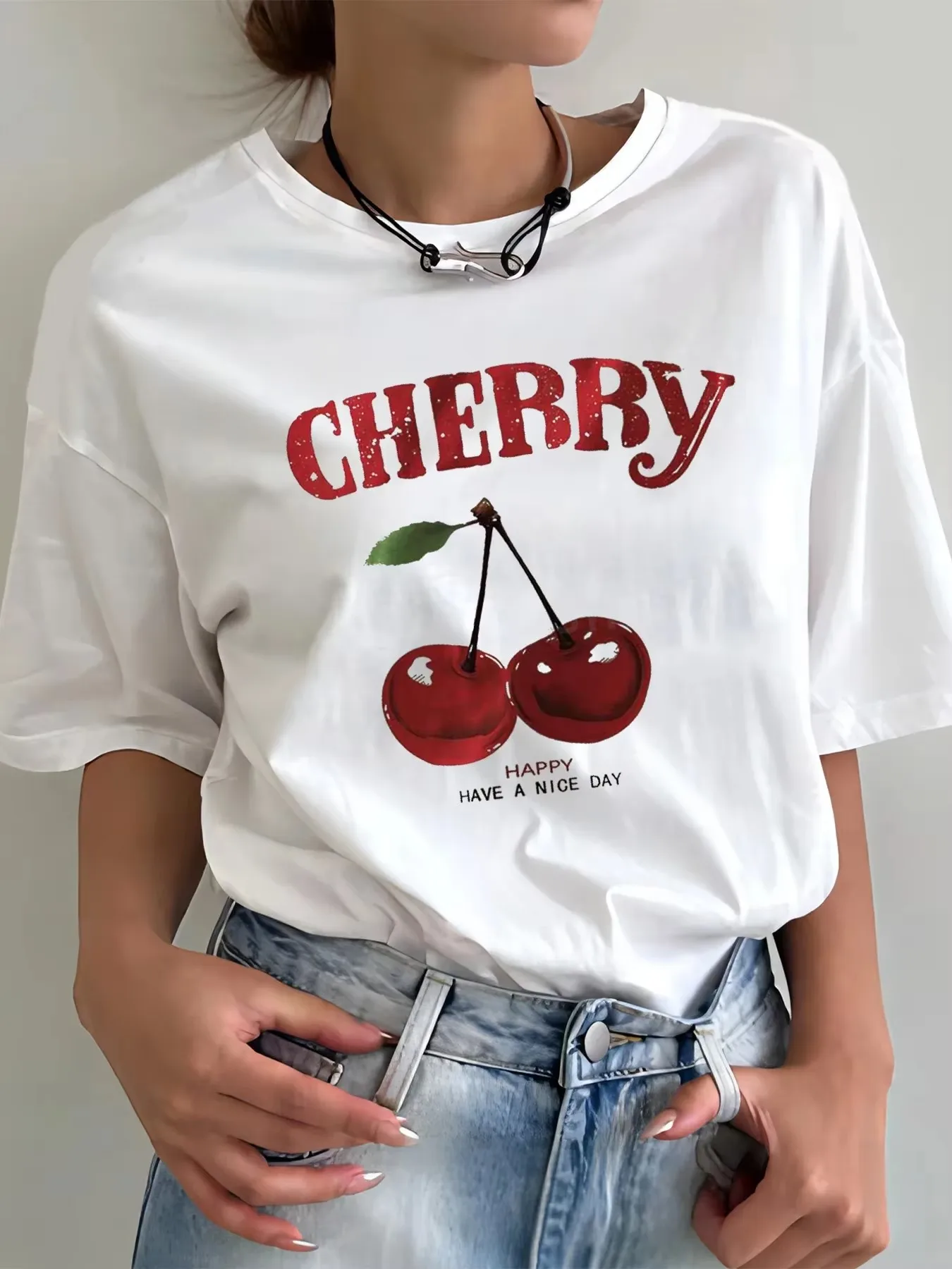 Y2K Cherry Bow Printed T Shirt Women Vintage Trendy Cute Coquette Tee Short Sleeve Cottagecore