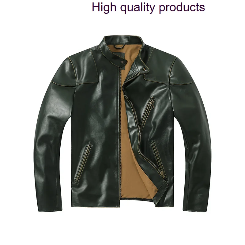 

Forest Layered Green Oil Wax Calfskin Men's Motorcycle Leather Jacket Slim-Fit Stand-up Collar Coat Trendy