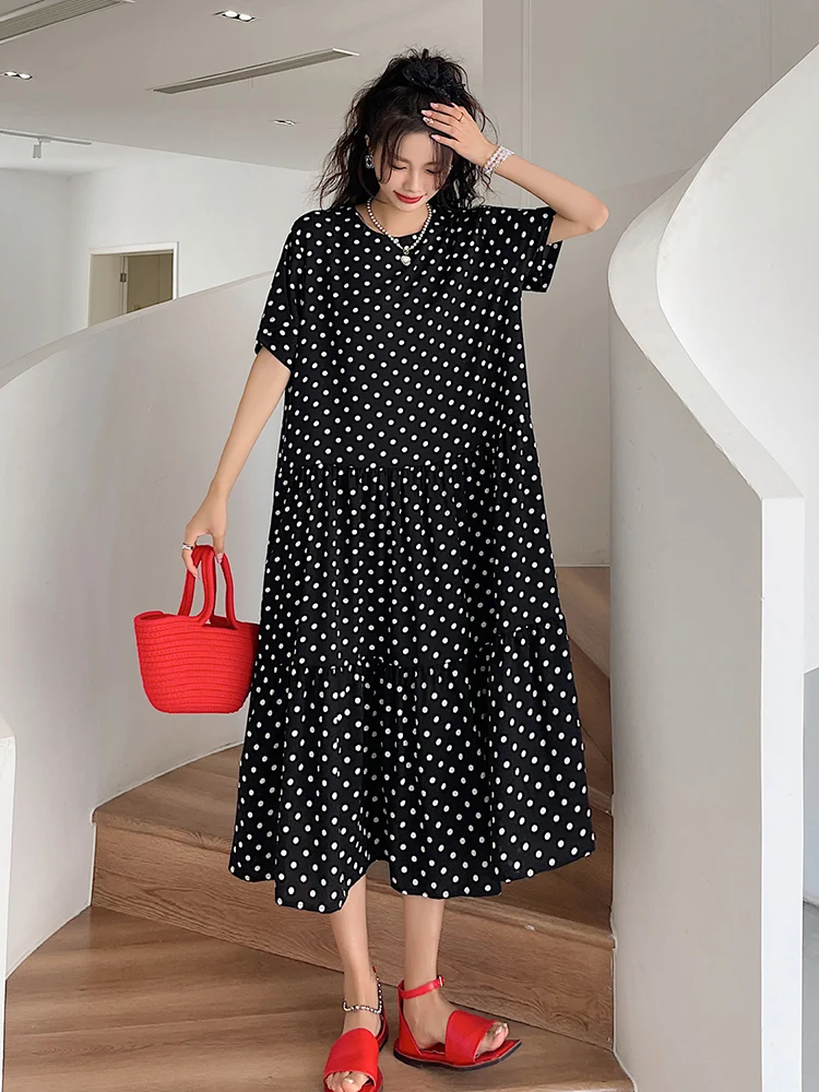 

Женское длинное платье в горошек, черное свободное Повседневное платье составного кроя с коротким рукавом, элегантная одежда в Корейском с...