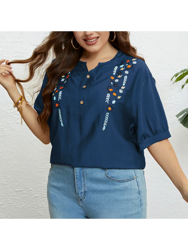 Embroidered Art Loose Casual Top blusas plus size mujer