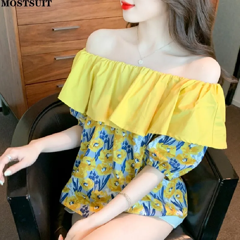 

Summer Off-shoulder Oil Painting Blouse Women Elegant Vintage Korean Ladies Shirt Puff Sleeve Ruffles Loose Chic Blusas Mujer