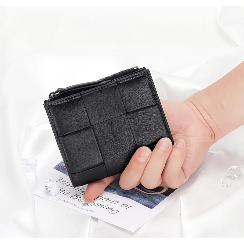 

100%Genuine Leather Womens Wallets and Purses Hand Woven Fold Coin Money Bags New Fashion Card Holder Clutch Zipper Purse
