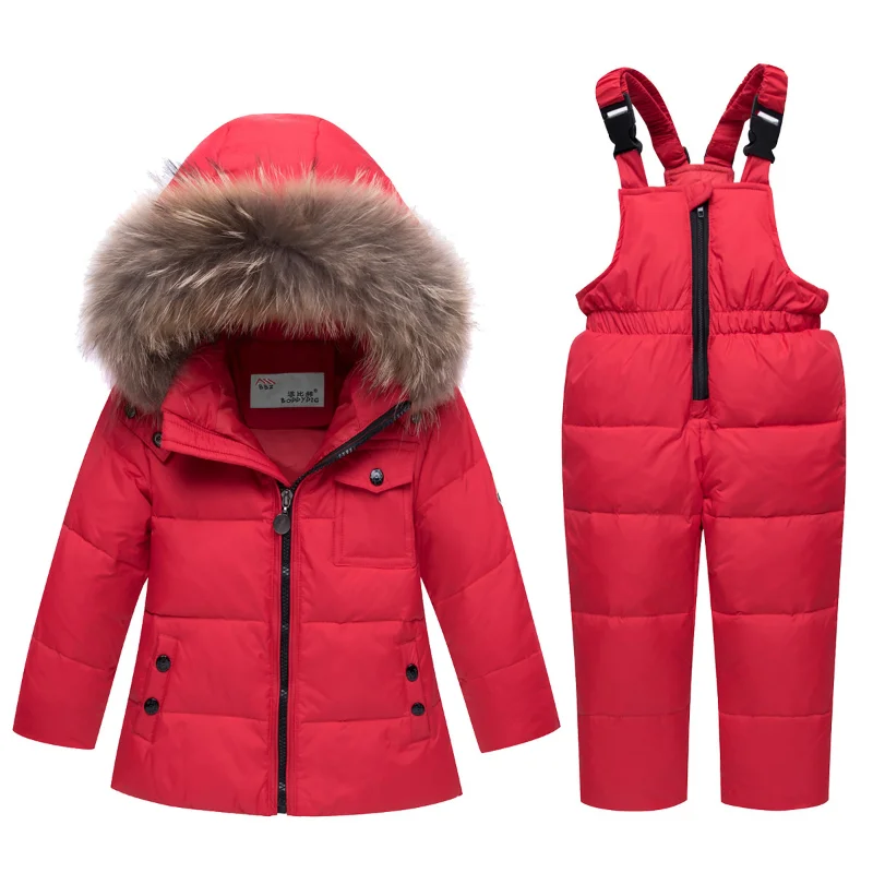 Baby Girls Boys 2-Piece Snowsuit Skisuit Set,Infant Toddler Kids Winter Puffer Jacket Fur Hooded Down Jacket Coat + Ski Bib Pant