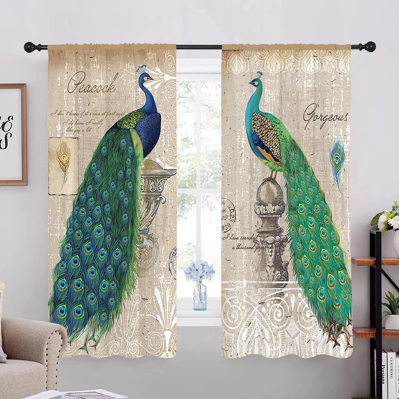 

3D Vintage Peacock With Flower Morden Luxury Bedroom Window Curtains for Living Room 2 Panels