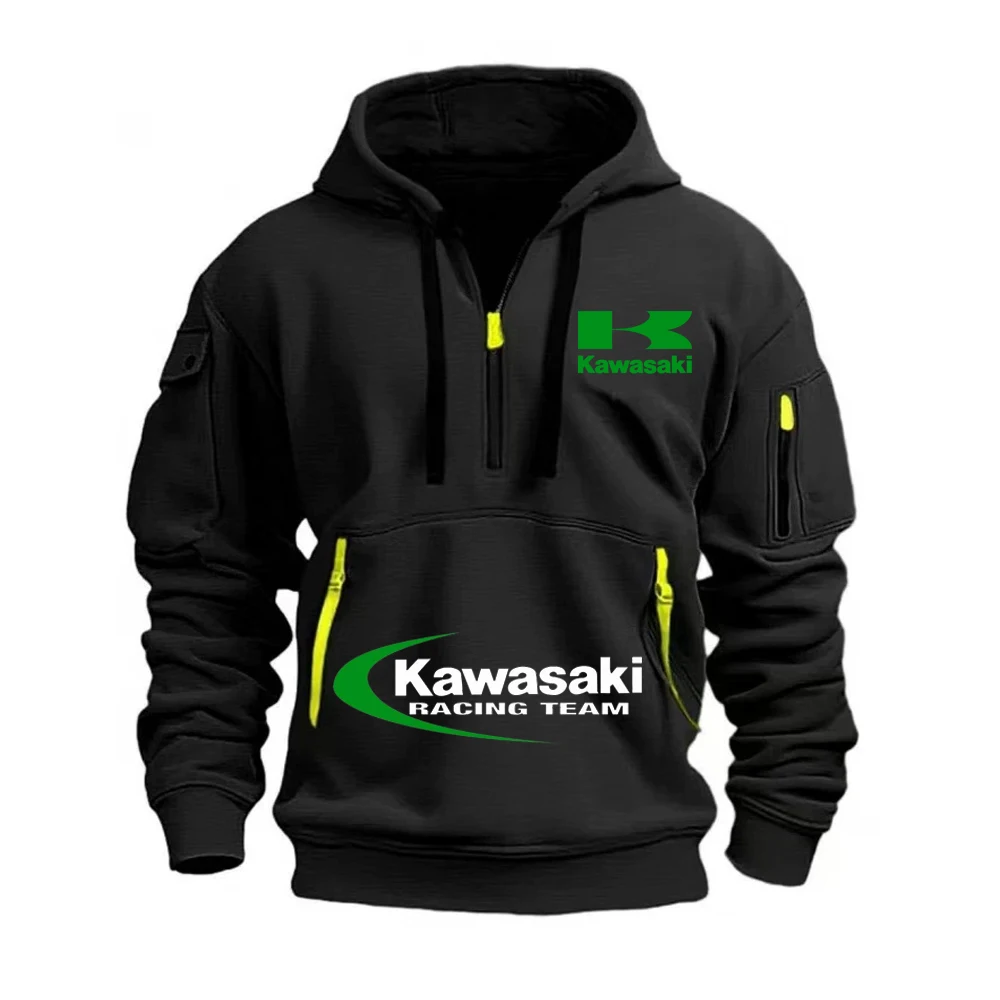 Фото Kawasaki Logo 2025 Новая мужская толстовка с капюшоном на полумолнии для любителей экстремальных видов спорта на открытом воздухе, весенне-осенняя повседневная спортивная толстовка №1