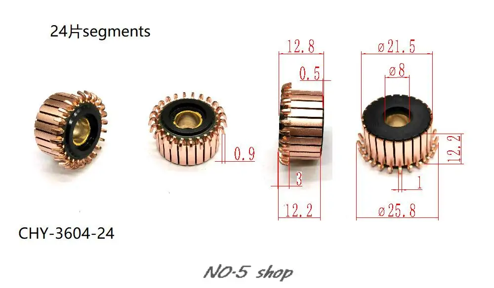 

10Pcs 21.5x8x12.2(12.8)x24P Copper Bars Electric Motor Commutator CHY-3604-24