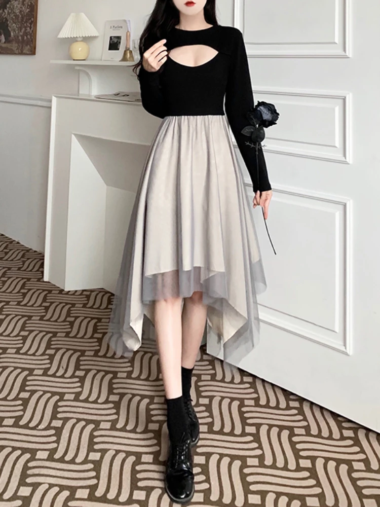 

Patchwork Mesh Casual Midi A-line Dress Fashion Female Vintage Long Sleeve Women Dresses 2022 Spring Summer Mujer Vestidos