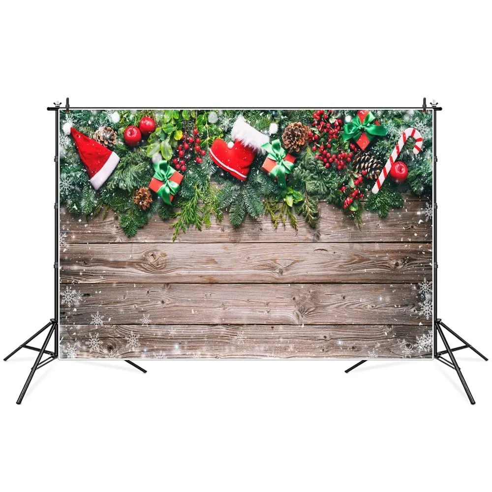 

Christmas Pine Cone Holly Leaves Snowflakes Wooden Planks Photography Backgrounds Custom Baby Party Decoration Photo Backdrops