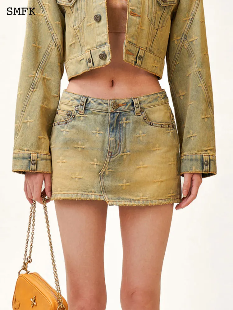 Женская джинсовая короткая юбка SMFK винтажная с высокой талией и эффектом