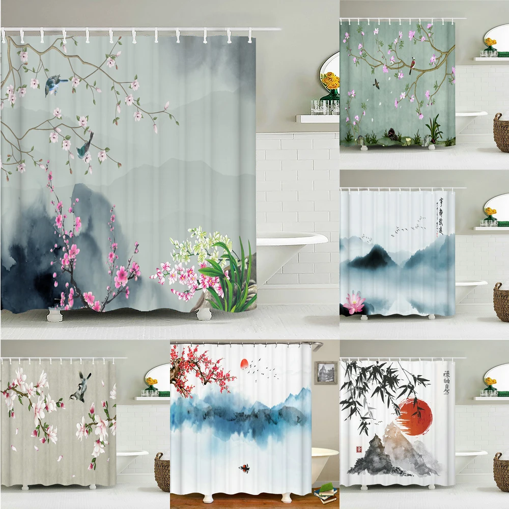 

Chinese Landscape Bathroom Curtain 3D Japanese style Flower Birds Printing Shower Curtains Waterproof Polyester Home Decoration