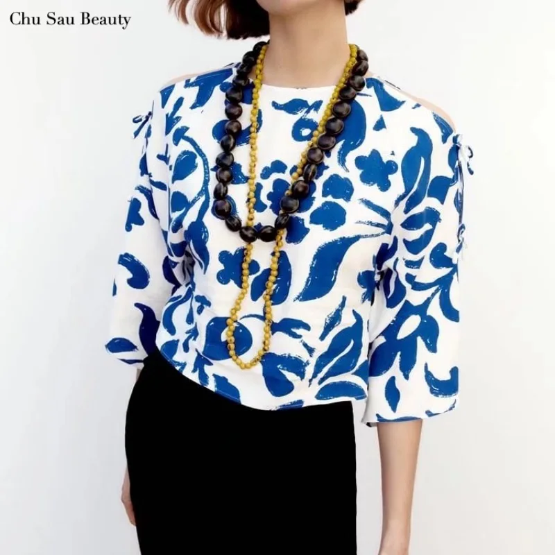 

2022 New Women Bow Print Blouse Za Simple Round Neck Long Sleeve Pullover Blouse Chic Cutout Sleeve Design Fashion Street Style