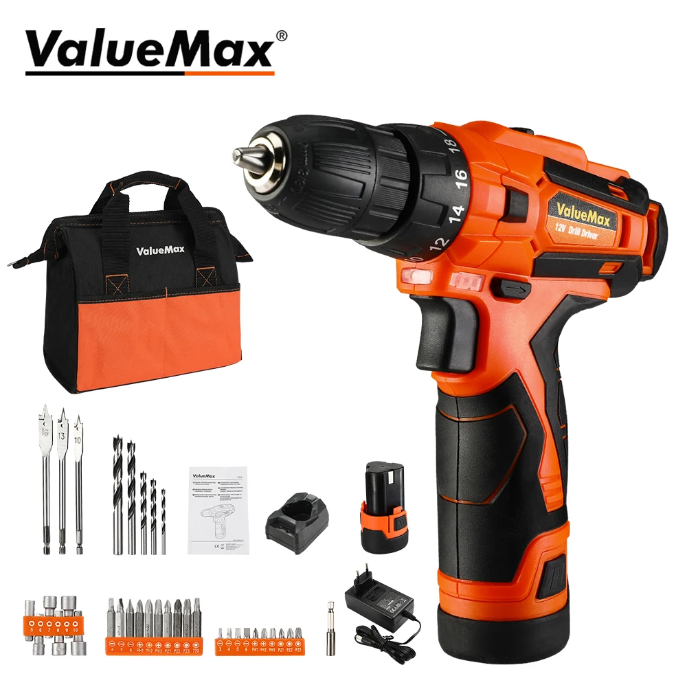 ValueMax 12V Cordless Drill Driver Electric Screwdriver Power Tools Driver Rechargeable Lithium Battery With 37PC Accessories