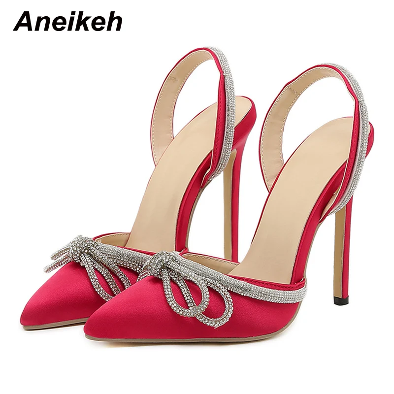 

Aneikeh 2022 Bling Summer Slip-On Women Shoes Ankle Strap Modern Sandals New Fashion Pointed Toe Thin Heels Sexy Red Size 35-42