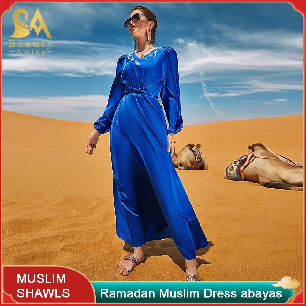 Muslim Fashion  For Women Islam Dubai Travel Muslim Dresses Long Skirt Even Dress Abayas Ramadan Costumes Satin Abayat Autumn