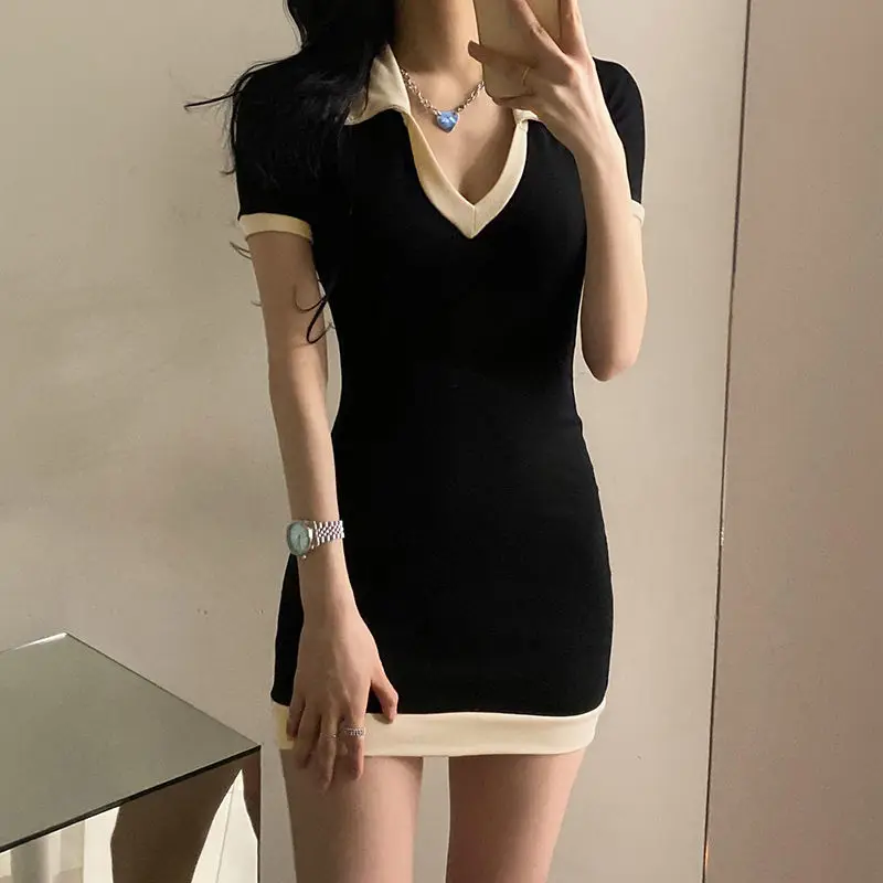 

Casual Patchwork Wrap Dress Women V Neck Short Sleeve Mini Dresses Summer 2022 Basic Fashion Streetwear