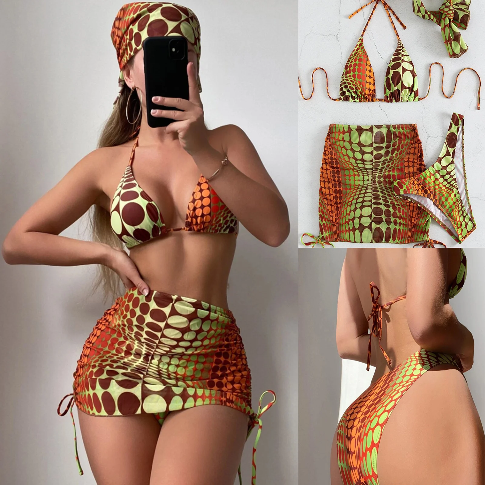 

Купальник-бикини женский из 3 предметов, с юбкой и лямкой на шее