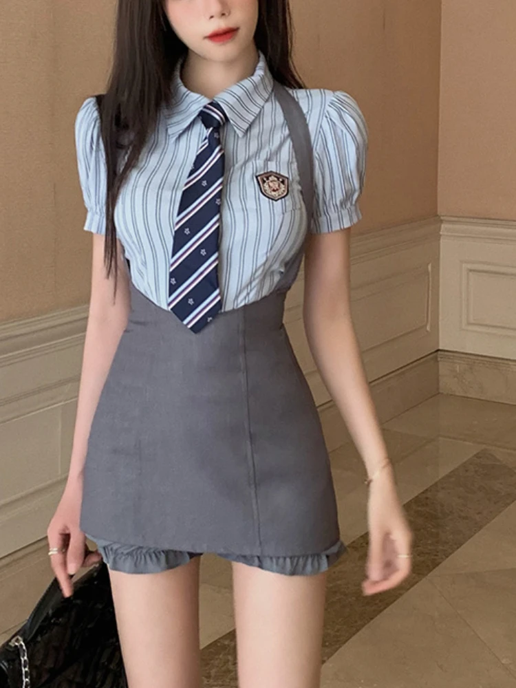 

Комплект из двух предметов в полоску в стиле преппи, женское сексуальное тонкое мини-платье, женский костюм в Корейском стиле, повседневные блузки и милое платье на бретелях, 2023