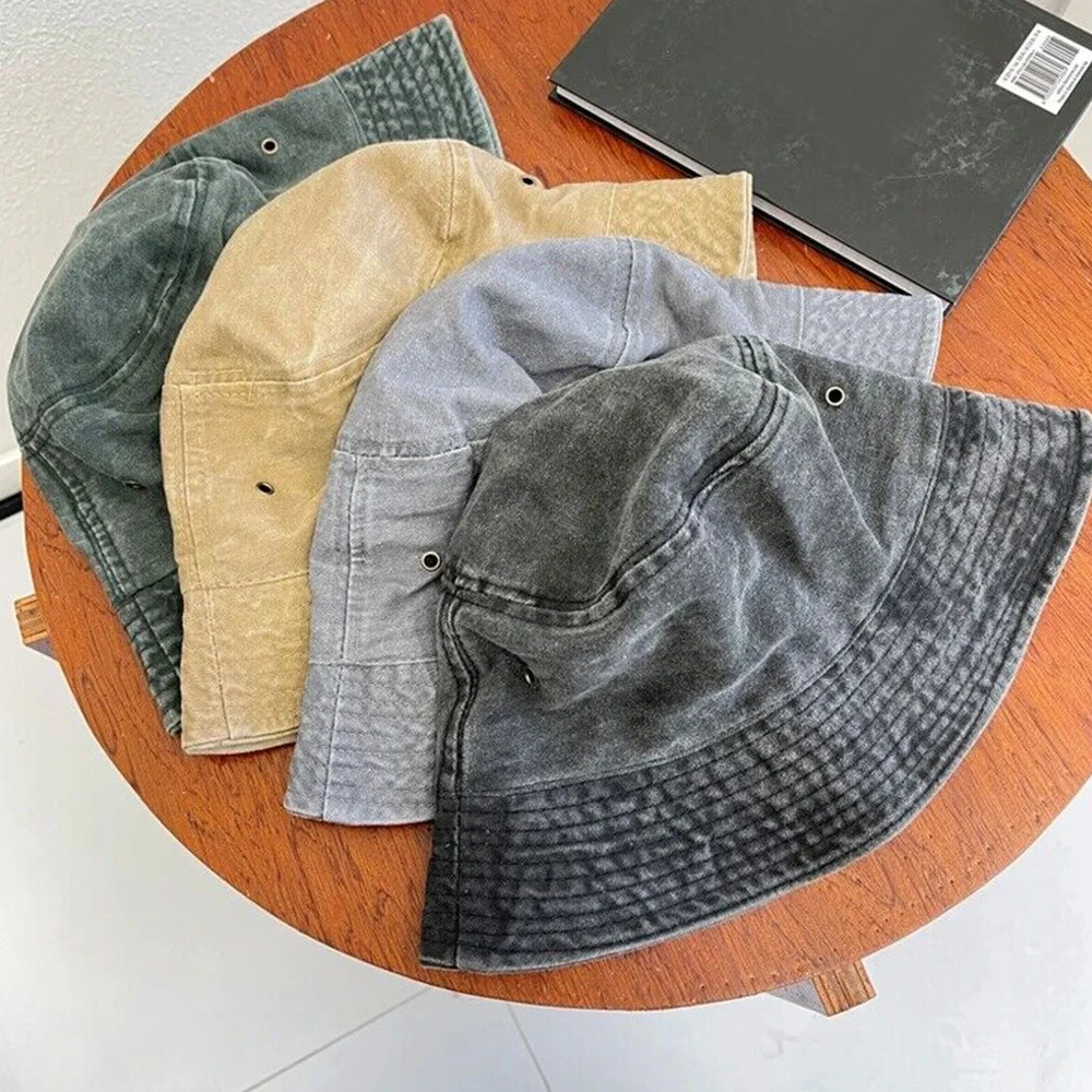 

Women Fashion Retro Denim Washed Bucket Hat Cotton Foldable Fisherman Cap Men Outdoor Sunscreen Fishing Hunting Hat Beach Cap