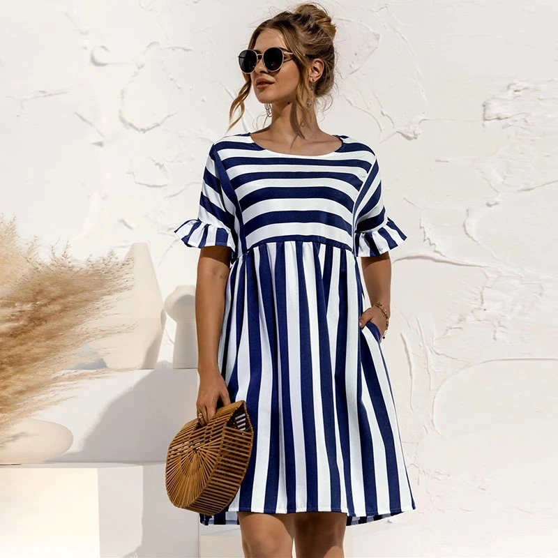 5XL Plus Size Summer Dress Women Striped O Neck Ruffles Sleeve A Line Robe Big Swing Pockets Sundress Casual Cotton Mini Dresses