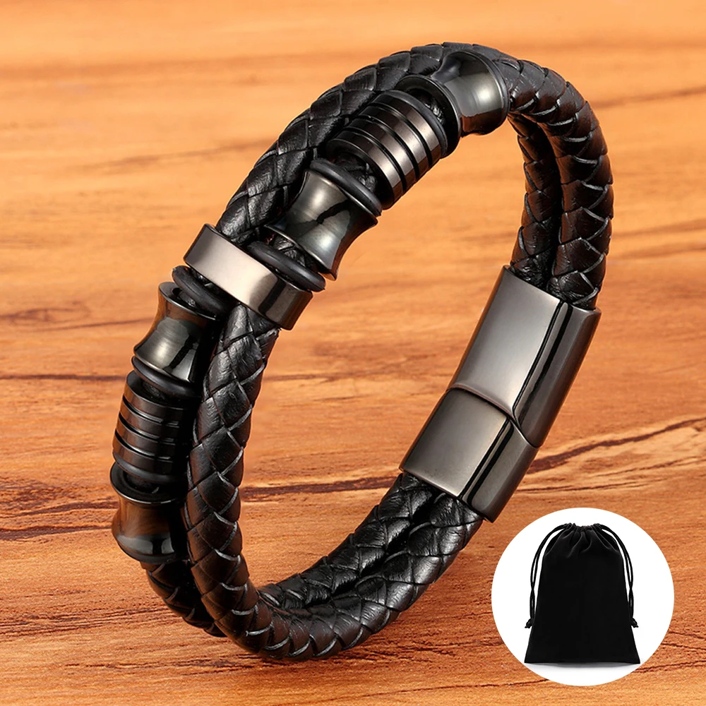 Роскошный Магнитный мужской браслет из нержавеющей стали двухслойный