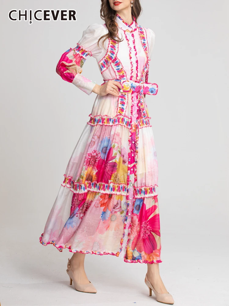 

CHICEVER Loose Midi Dress For Women Stand Collar Lantern Sleeve High Waist Print Colorblock Vintage Dresses Female Clothing 2022