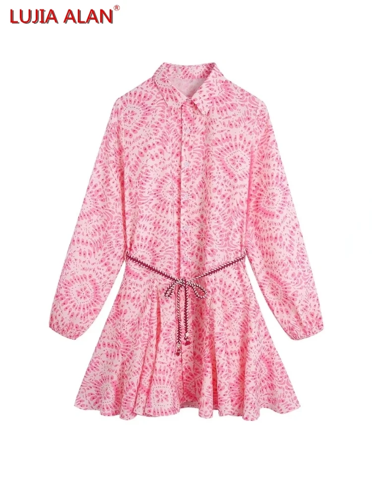 

Women Flower Printing Pink Large Swing Dress Summer Female Turndown Collar Long Puff Sleeve Mini Vestidos LUJIA ALAN WD130