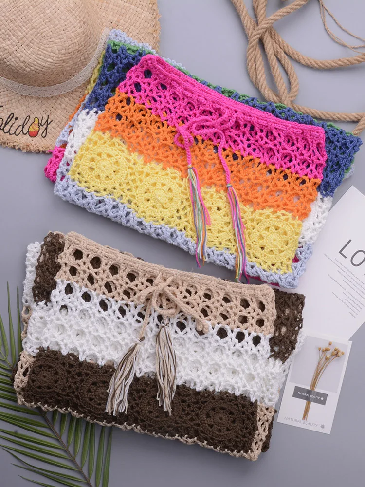 Aproms Khaki Coffee Handmade Crochet Long Maxi Skirts Women Summer Drawstring Waist Hollow Out Bottoms Beach Bikini Coverup 2022 images - 6
