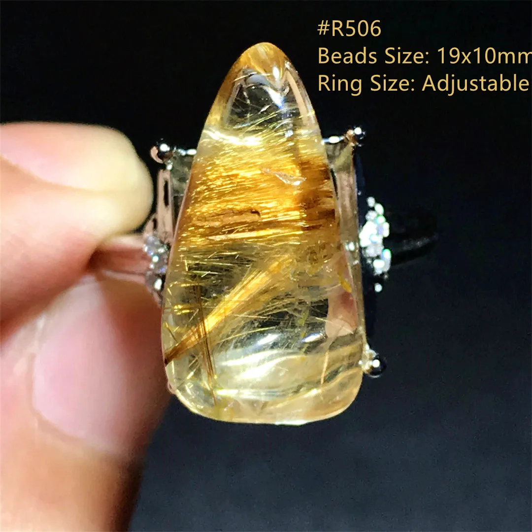 

Natural Gold Rutilated Quartz Ring For Woman Lady Man Wealth Gift Crystal 19x10mm Beads Silver Adjustable Ring Jewelry AAAAA