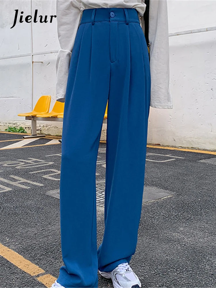 

Jielur S-XXL Korean Women High Waist Brief All Match Thin Chic Office Lady Wide Leg Pants Spring Stylish Solid Color Trousers