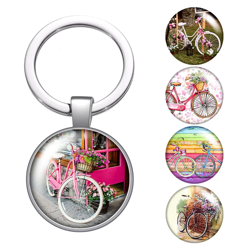 

LE Bicycle Love Leisurely Life Travel Glass Cabochon Keychain Bag Car Key Rings Holder Silver Plated Key Chains Men Women Gifts