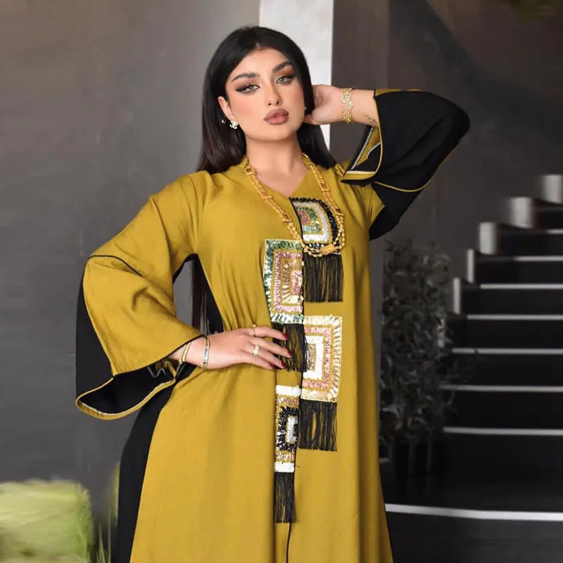 

Muslim Abaya Women Loose Dress Geometry Sequnis Tassel Eid Morocco Arab Caftan Splicing Colors Long Dress Party Night Robe Gown