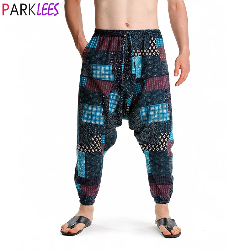 

Men's Hippie Baggy Boho Yoga Harem Pants African Print Genie Sweatpants Men Cotton Drop Crotch Joggers Sweatpants Streetwear 3XL