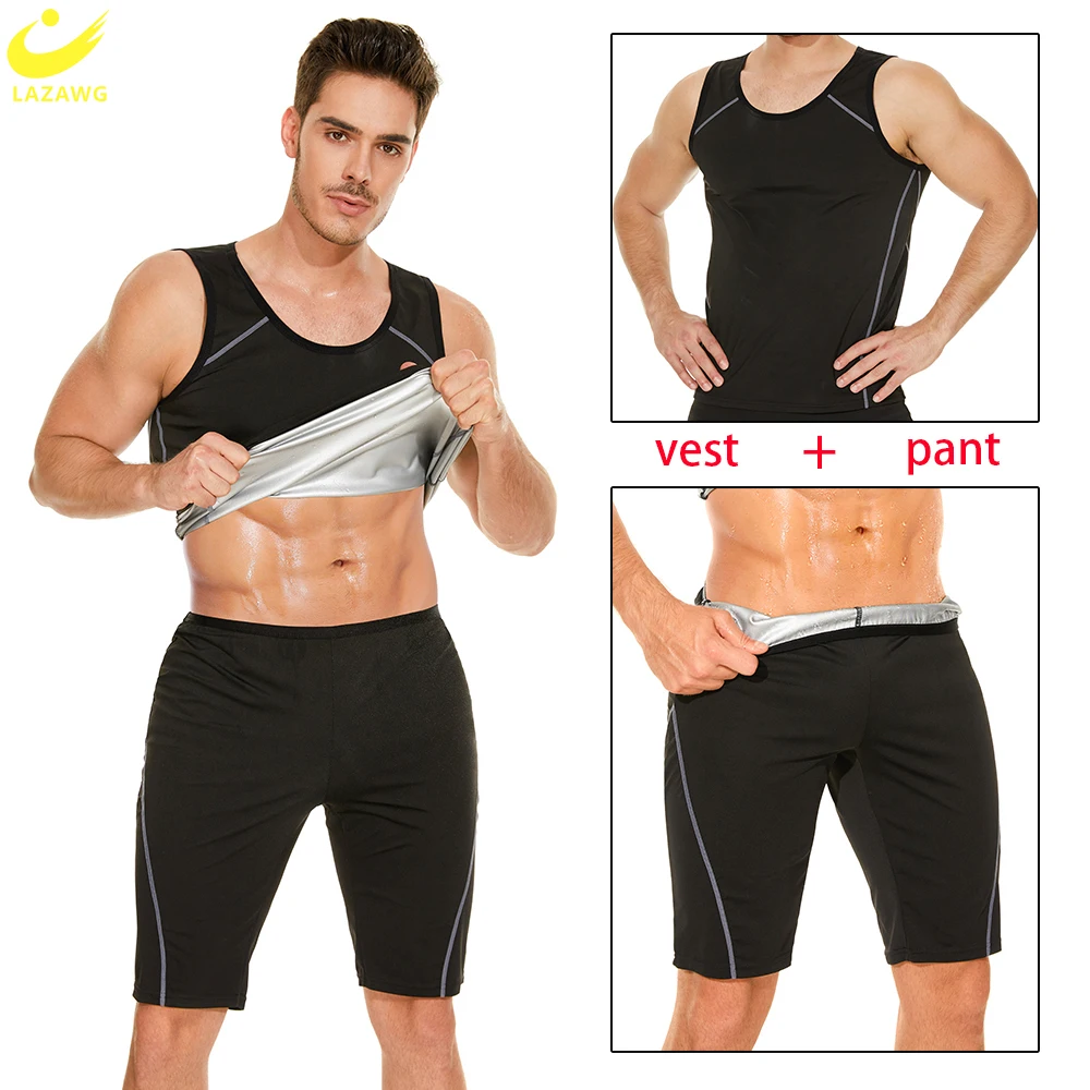

LAZAWG Men Sauna Suit Sweat Set Slimming Pants Weight Loss Vest Workout Shirts Fitness Tank Top Sport Body Shaper Fat Burner