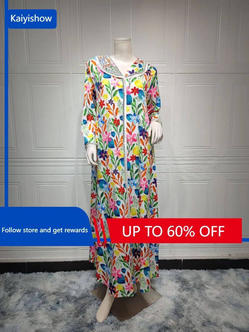

Luxury Diamonds Women Middle East Evening Dress Printing Lapel Neck Full Sleeves Elegant Muslim Arab Robe Abaya