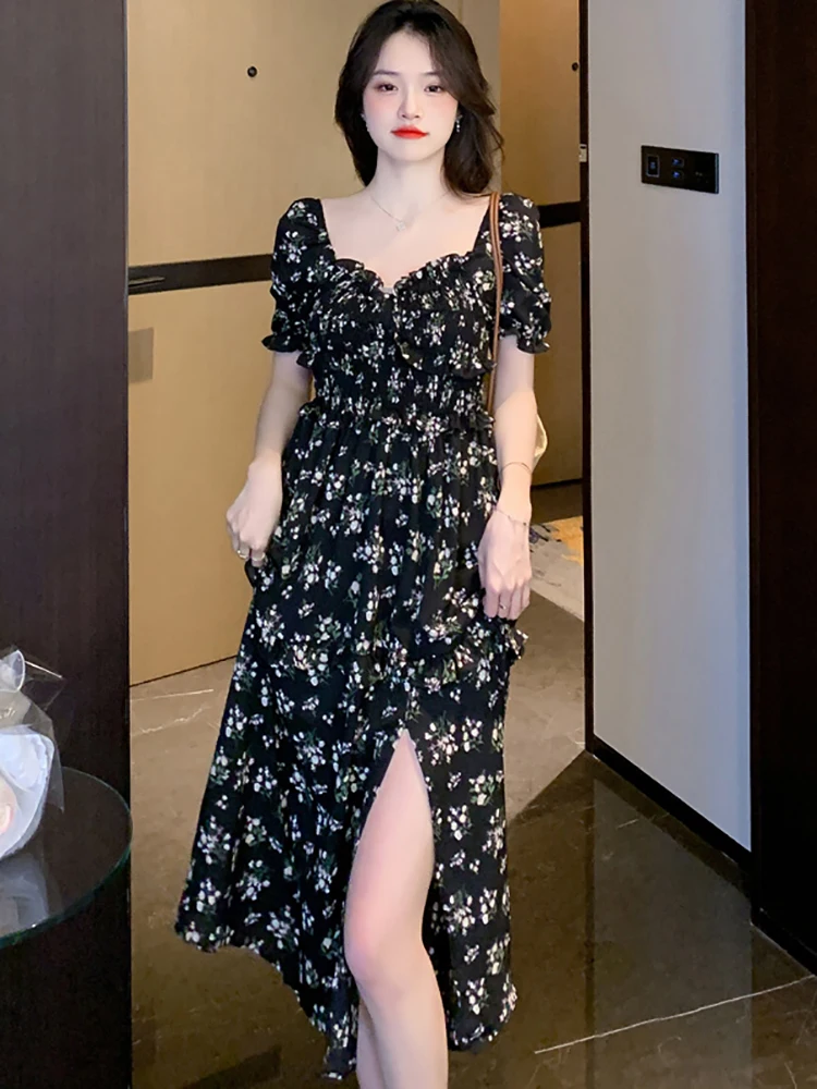 

Женское винтажное платье в стиле Хепберн, черное платье в Корейском стиле для выпускного вечера с короткими рукавами и оборками, платье с кв...