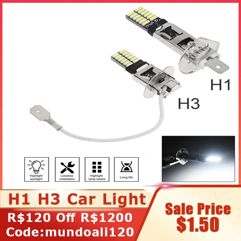 

MovFlax 1PC H1 H3 5W Canbus LED Bulb Car Fog Light Headlight 4014 24SMD 12V Running Light Motorcyce Lamp for car