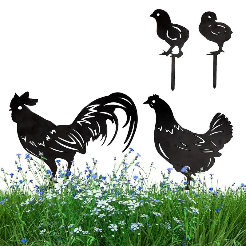 

Metal Yard Chicken Art 4 Pieces Farm Yard Lawn Decor Black Hollow Out Chickens Family Silhouette Sets For Farmhouse Pathway Lawn