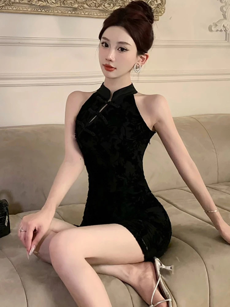 Черное жаккардовое шикарное соблазнительное Клубное платье с воротником