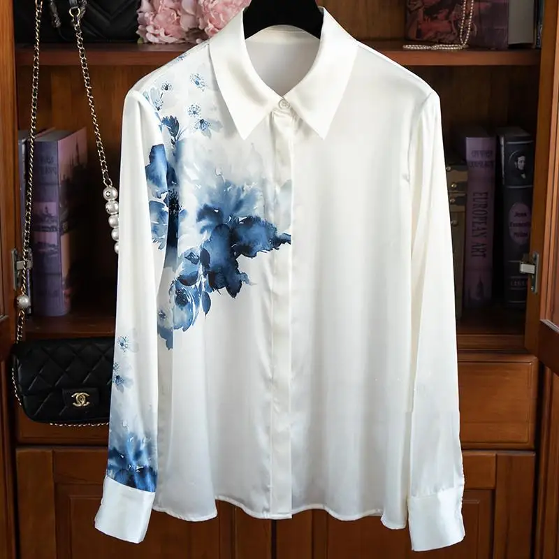 

Imitation Silk Top Glossy Temperament Shirt Autumn Ink Painting Printing Thin Shirts Blouse Women