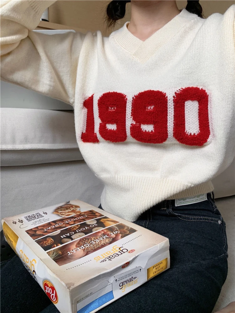 

Deeptown Harajuku Cropped Sweater Women Vintage Autumn Winter Knitted Jumper Fashion V-neck Loose Casual All-match Pullover Tops