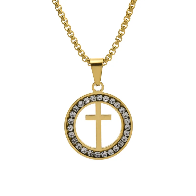 

New Fashion Cross Necklace Circle Pendant Stainless Steel Crystal Men Woman Prayer Jewelry