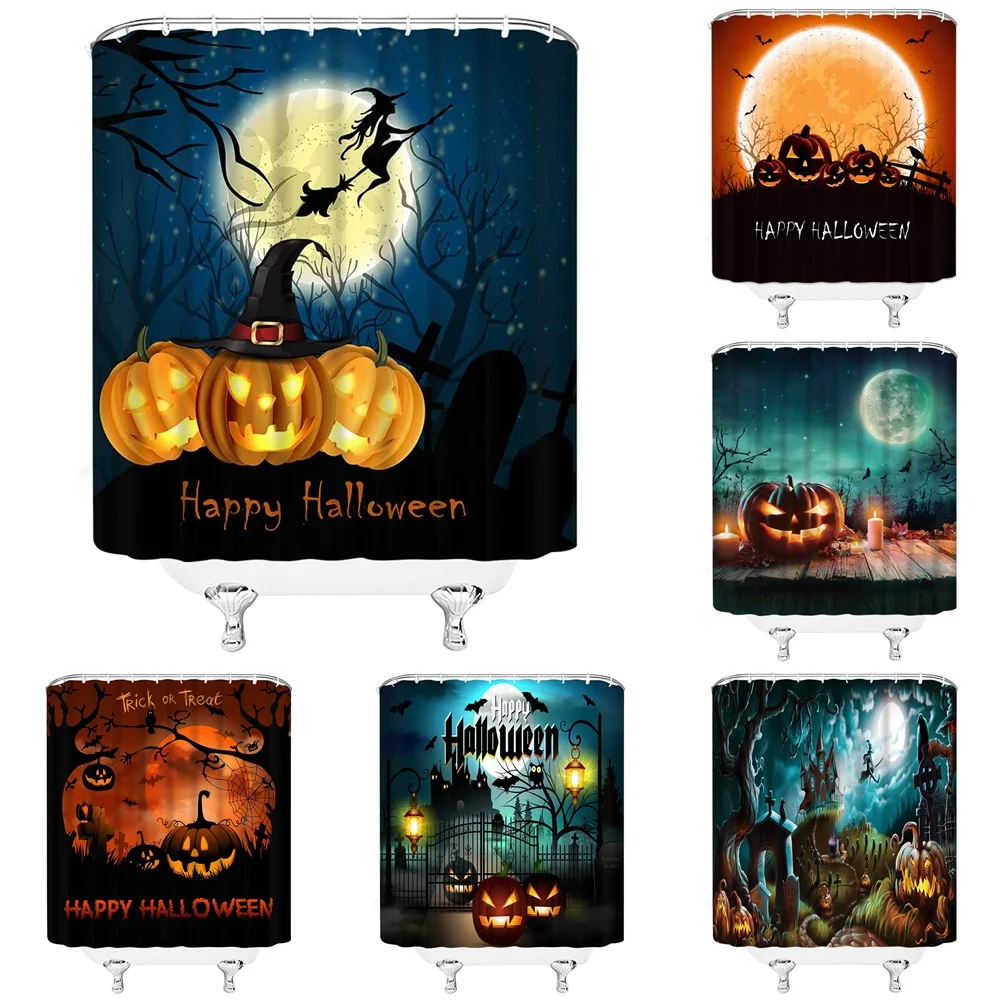 

Halloween Horror Orange Pumpkin Lantern Shower Curtain Witch Hat Black Dead Tree Full Moon Spooky Party Fabric Bathroom Curtains
