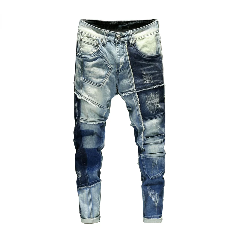 Moto Jeans For Men Slim Fit Elastic Fashion Pockets Luxury Men's Trousers Hip Hop Streetwear Patchwork Pants Male Punk Jeans