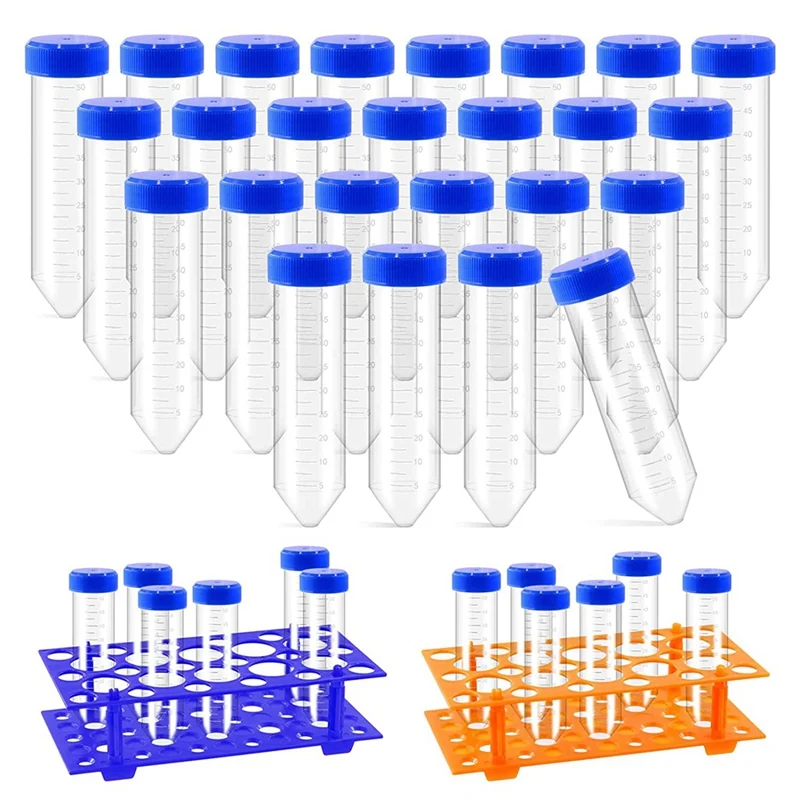 

27Pcs 50Ml Plastic Test Tubes With Test Tube Rack, Including 25Pcs Plastic Centrifuge Tubes And 2Pcs Blue Orange B