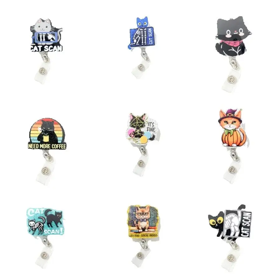 1PC Glitter Acrylic Cat Scan Teacher Coffee “It‘s Fine” Witch Charm Planar Key Chain Stretchable Cute Kitten Jewelry Gifts