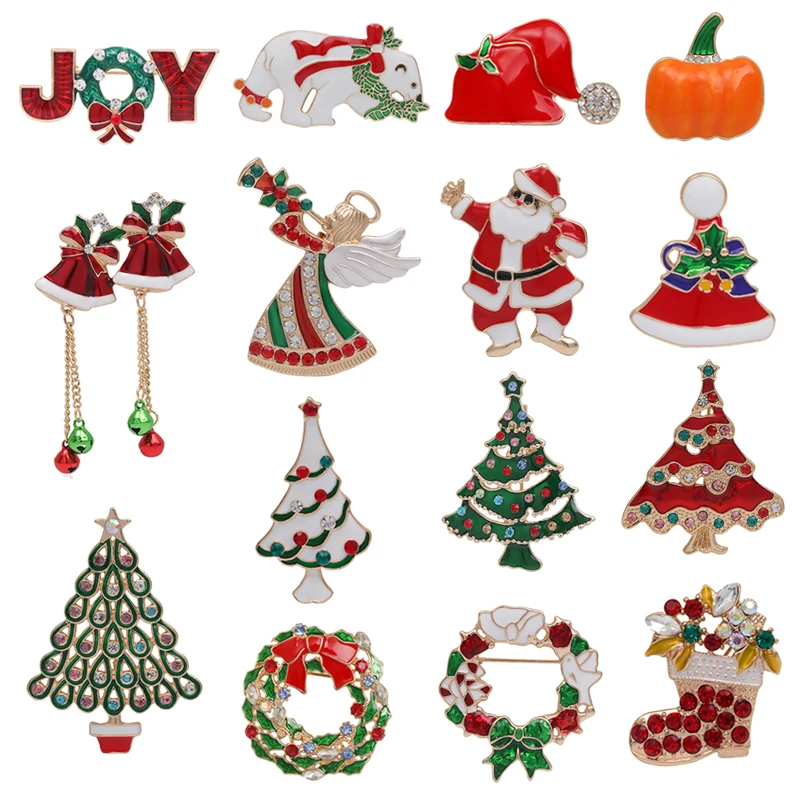 

JOY Christmas Brooch Exquisite Luxury Crystal Christmas Tree wreath Santa Claus Shoes Brooch Women Childs New Year Party Gift