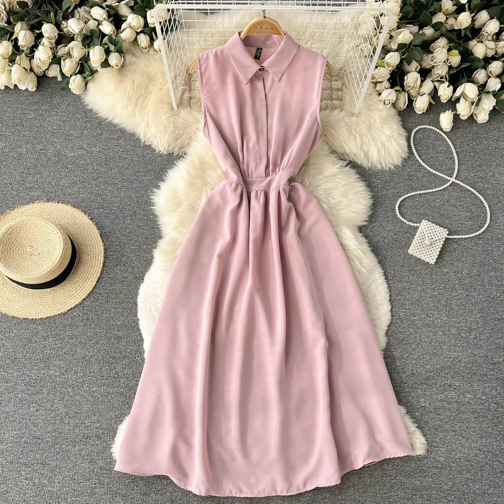 

2022 button Puff Sleeve Dress Vintage Loose Dot Midi Dresses Women GRAY22